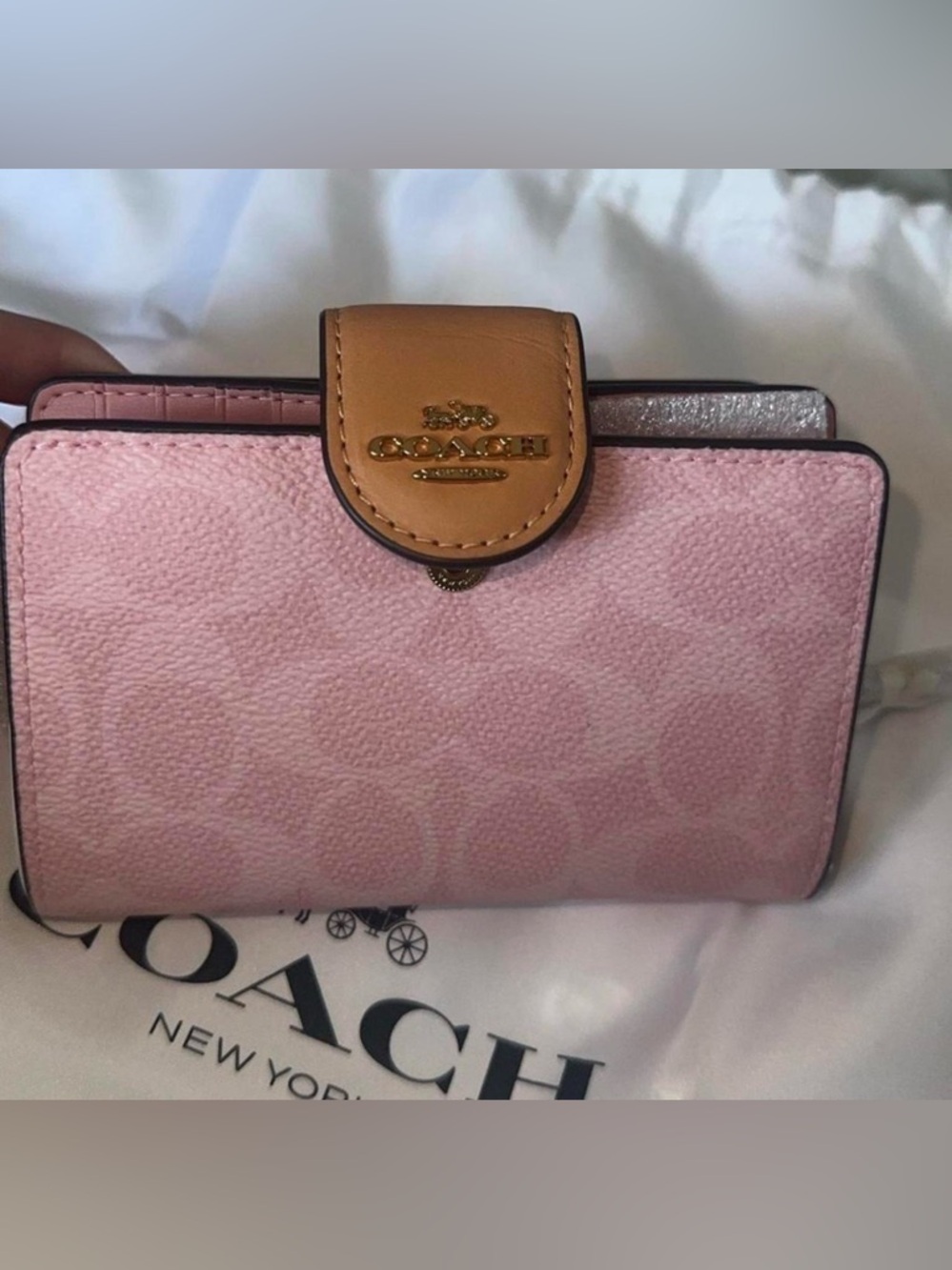 COACH Pink Signature Wallet with Tan Leather Snap